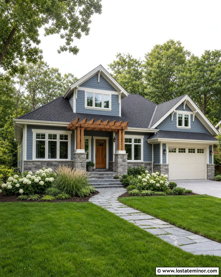 Slate Blue House With Cedar Entry Pergola - 30 Slate Blue House Design With Pergola Ideas