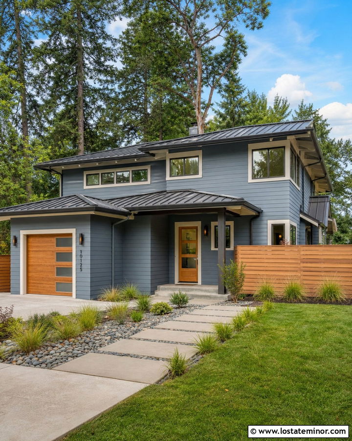 Slate Blue House With Cedar Horizontal Fence - 30 Slate Blue House Design With Fence Ideas