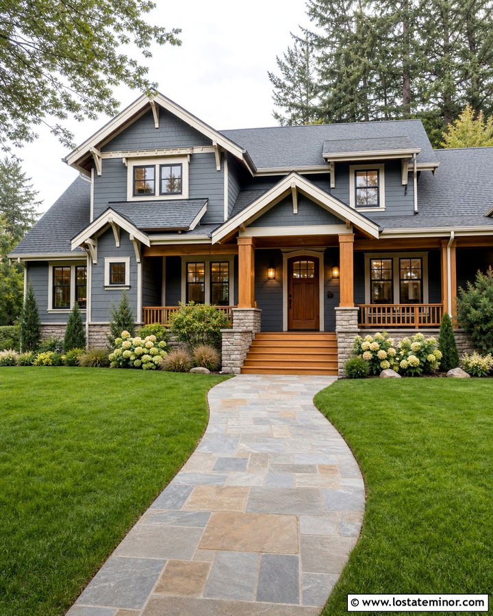 Slate Blue House With Cedar Porch And Stone Walkway - 30 Slate Blue House Design With Walkway Ideas