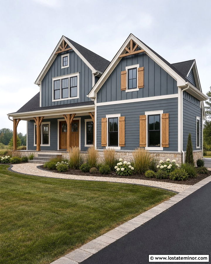 Slate Blue House With Cedar Shutters And Warm White Trim - 30 Slate Blue House Design With Trim Ideas