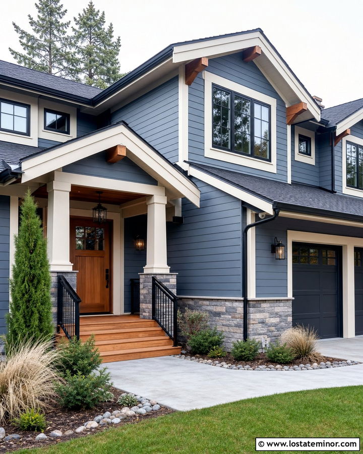 Slate Blue House With Cedar Steps And Door - 30 Slate Blue House Design With Steps Ideas