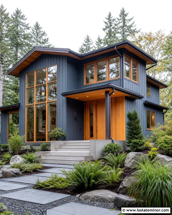 Slate Blue House With Cedar Window Frames - 30 Slate Blue House Design With Window Frames Ideas