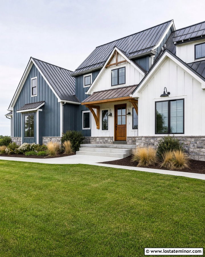 Slate Blue House With Cedar Wood Awning - 30 Slate Blue House Design With Awning Ideas