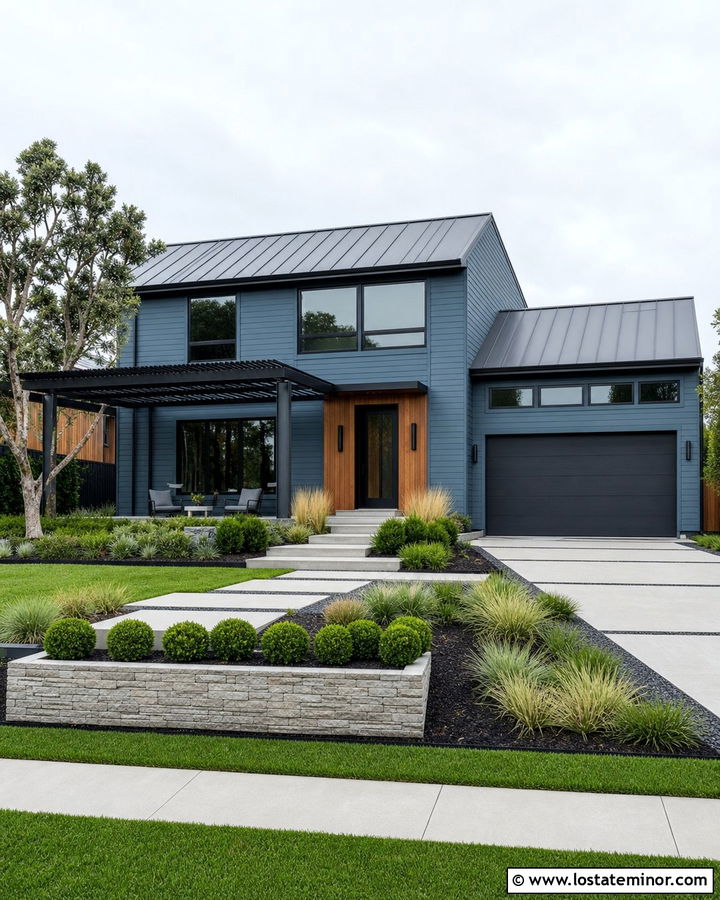 Slate Blue House With Charcoal Louvered Pergola - 30 Slate Blue House Design With Pergola Ideas