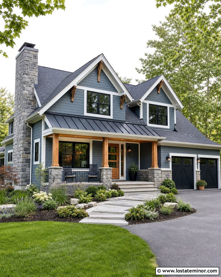 Slate Blue House With Charcoal Roof And Metal Porch - 30 Slate Blue House Design With Roof Ideas
