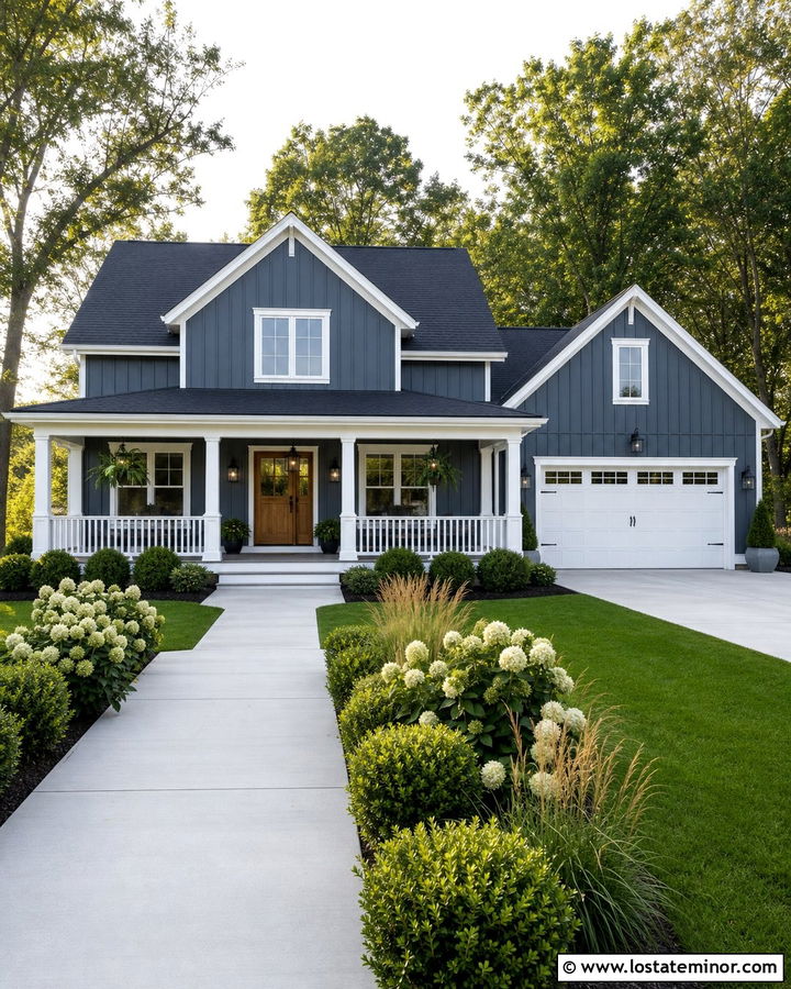 Slate Blue House With Charcoal Roof And White Porch - 30 Slate Blue House Design With Accents Ideas