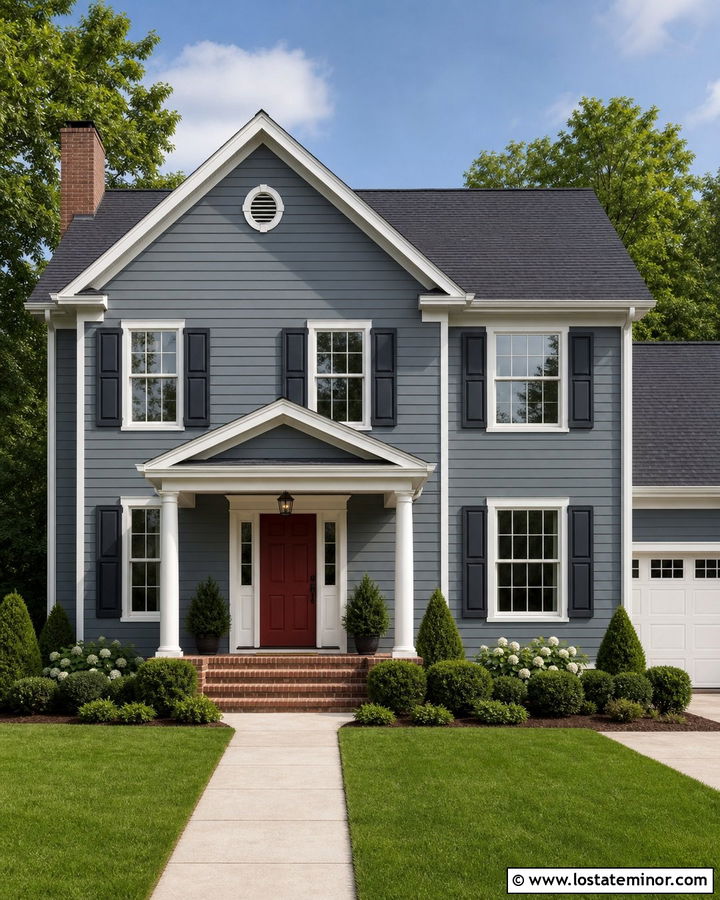 Slate Blue House With Charcoal Shutters And Red Door - 30 Slate Blue House Design With Trim Ideas