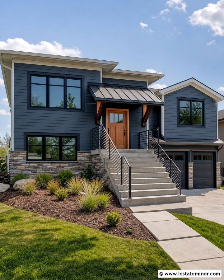 Slate Blue House With Charcoal Standing Seam Awning - 30 Slate Blue House Design With Awning Ideas
