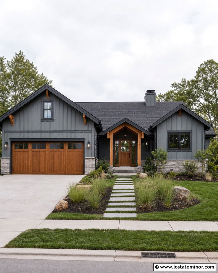 Slate Blue House With Charcoal Trim And Wood Garage Door - 30 Slate Blue House Design With Trim Ideas