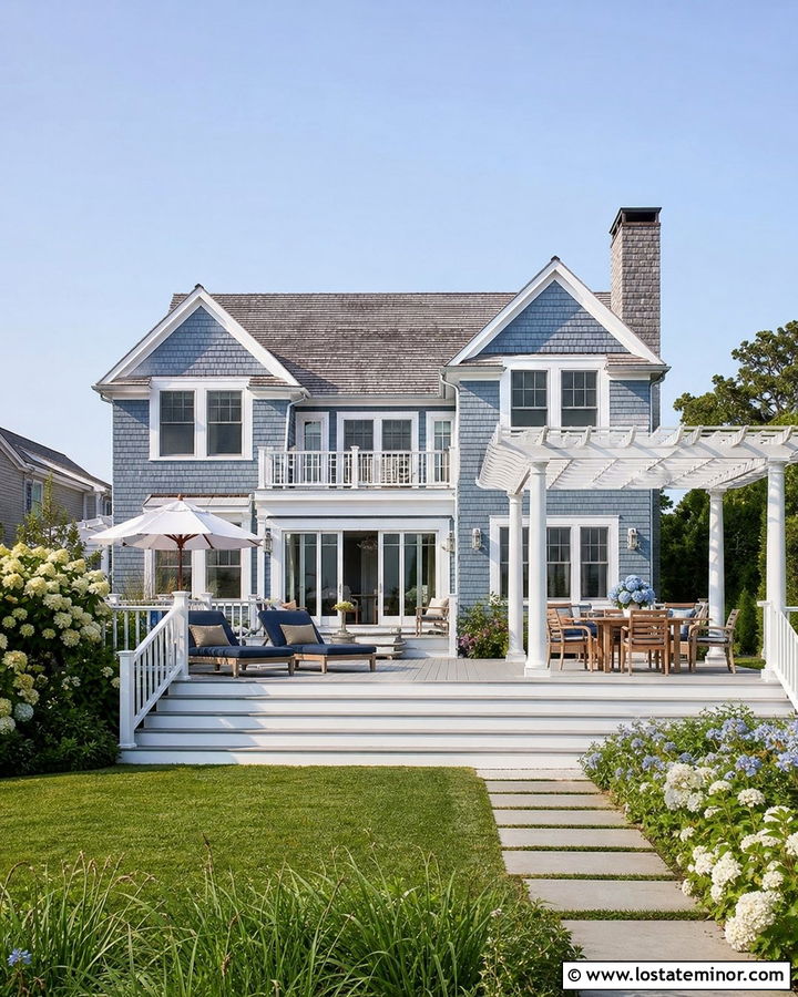 Slate Blue House With Coastal Backyard Deck - 30 Slate Blue House Design With Backyard Ideas