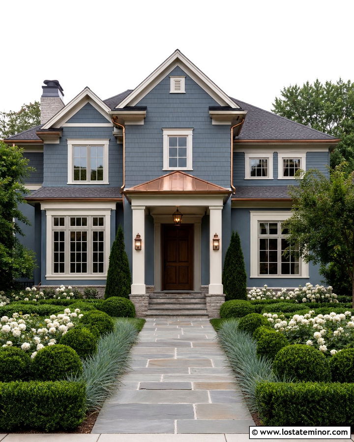 Slate Blue House With Copper Accents And Structured Garden - 30 Slate Blue House Design With Front Yard Ideas