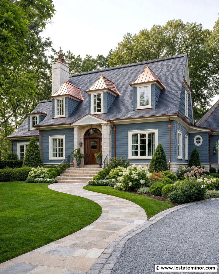 Slate Blue House With Copper Dormer Roofs - 30 Slate Blue House Design With Dormers Ideas