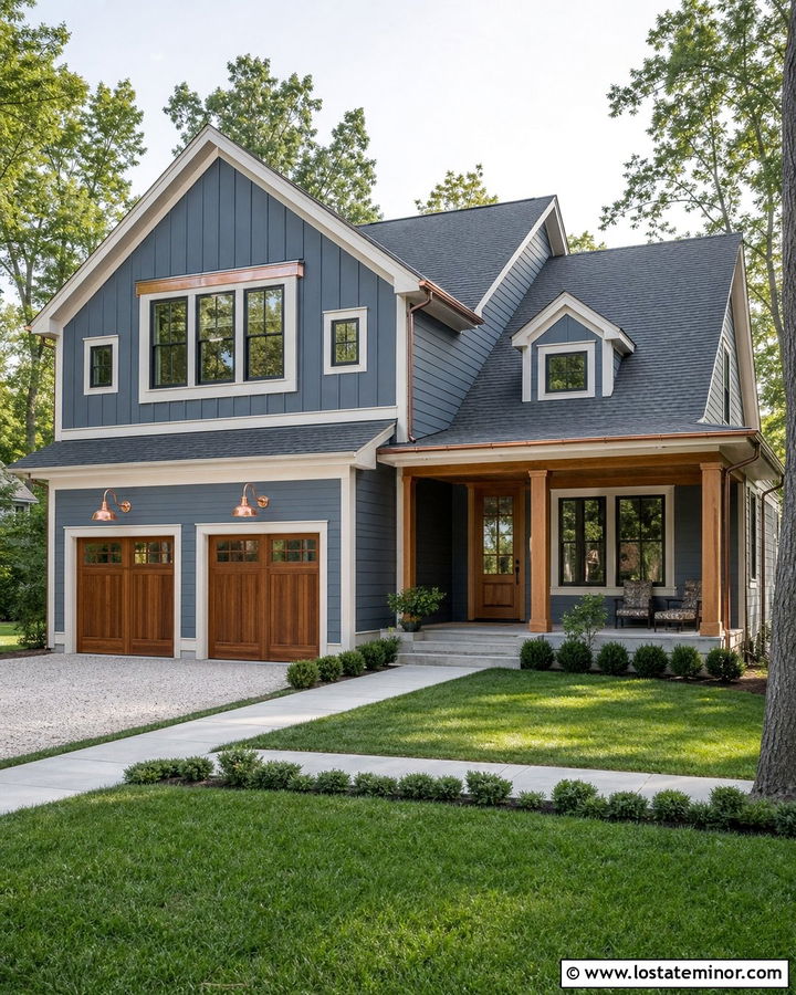 Slate Blue House With Copper Gooseneck Lights - 30 Slate Blue House Design With Light Fixtures Ideas