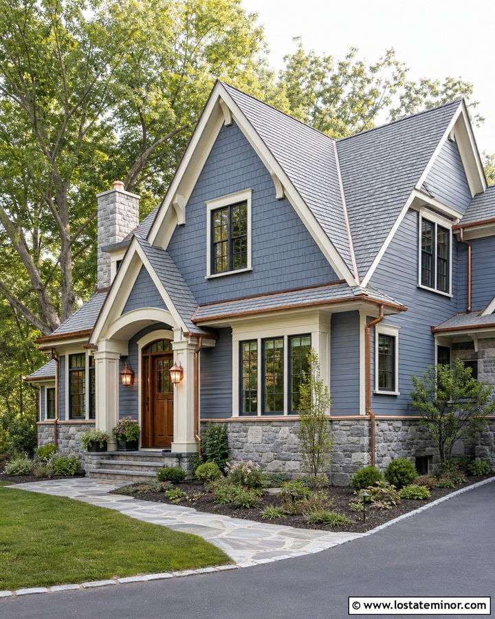 Slate Blue House With Copper Gutters And Gray Shingles - 30 Slate Blue House Design With Shingles Ideas