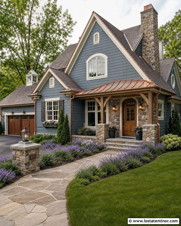 Slate Blue House With Copper Gutters And Wood Accents - 30 Slate Blue House Design With Accents Ideas
