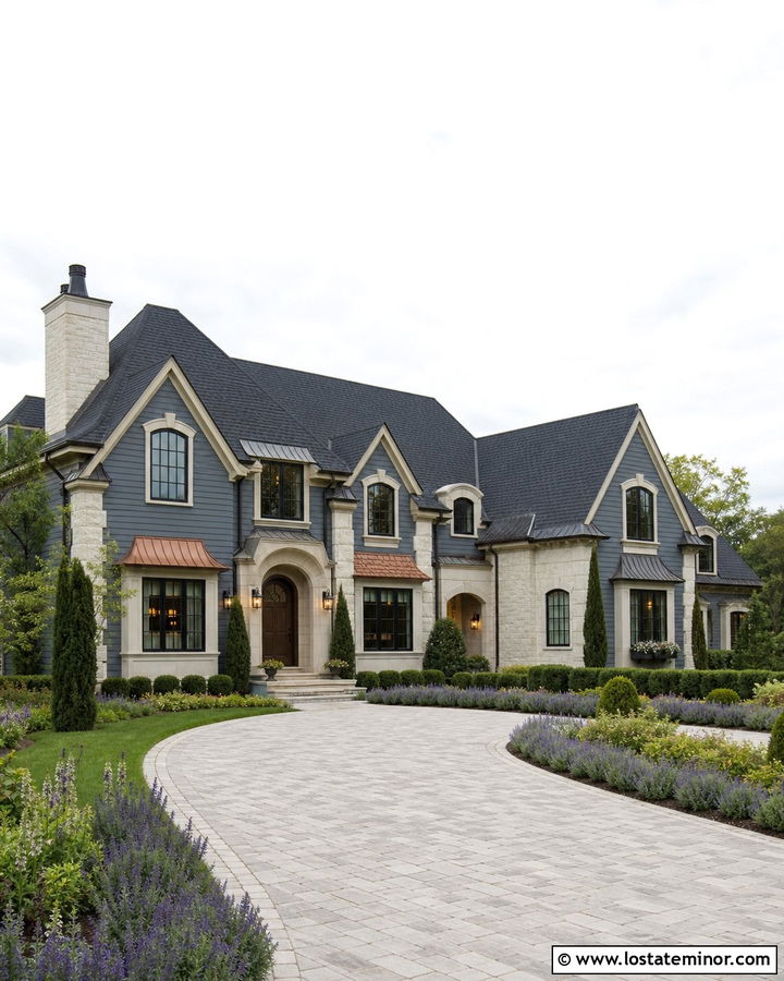 Slate Blue House With Copper Window Awnings - 30 Slate Blue House Design With Awning Ideas