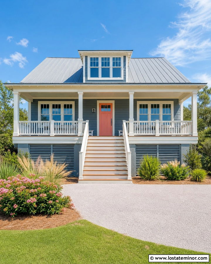 Slate Blue House With Coral Front Door - 30 Slate Blue House Design With Front Door Ideas