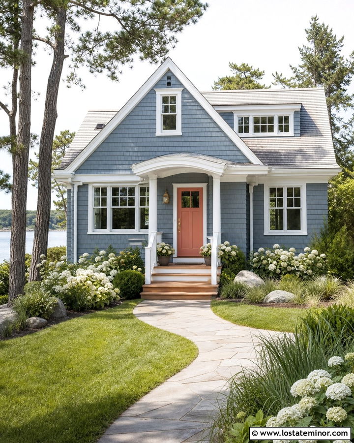 Slate Blue House With Coral Front Door - 30 Slate Blue House Design With Entry Door Ideas