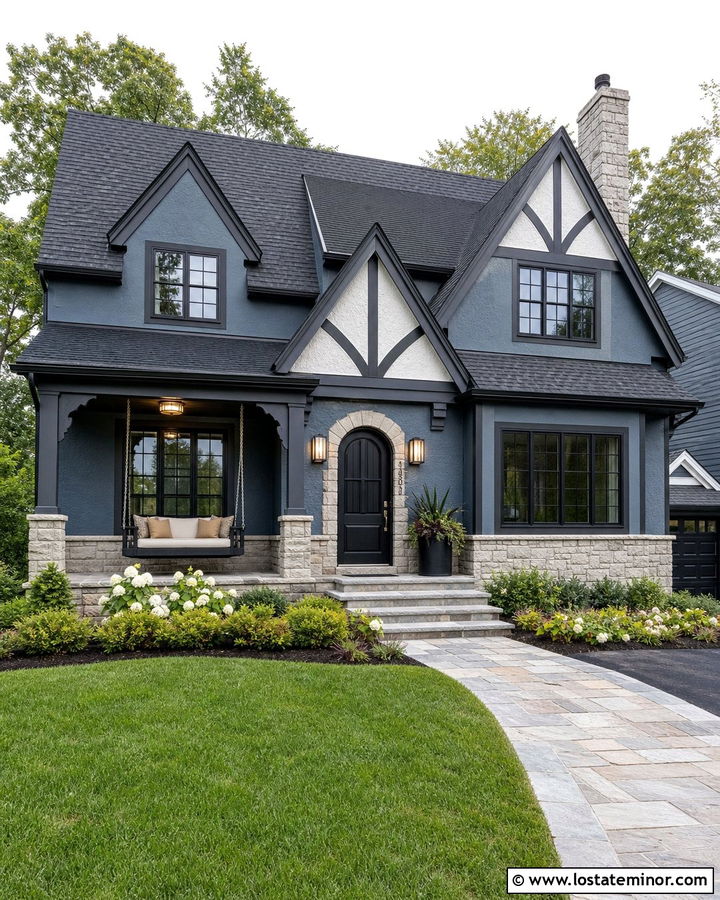 Slate Blue House With Corner Porch Swing - 30 Slate Blue House Design With Swing Ideas