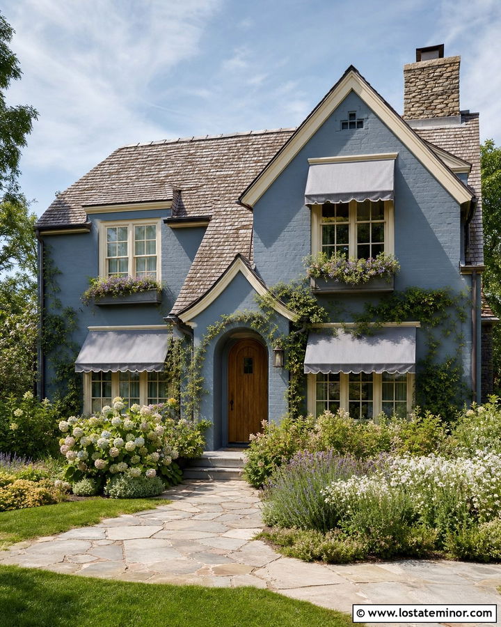 Slate Blue House With Cottage Canvas Awnings - 30 Slate Blue House Design With Awning Ideas
