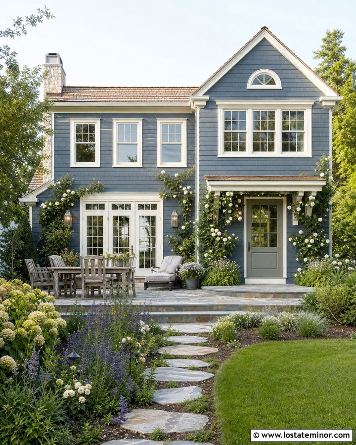 Slate Blue House With Cottage Garden Backyard - 30 Slate Blue House Design With Backyard Ideas