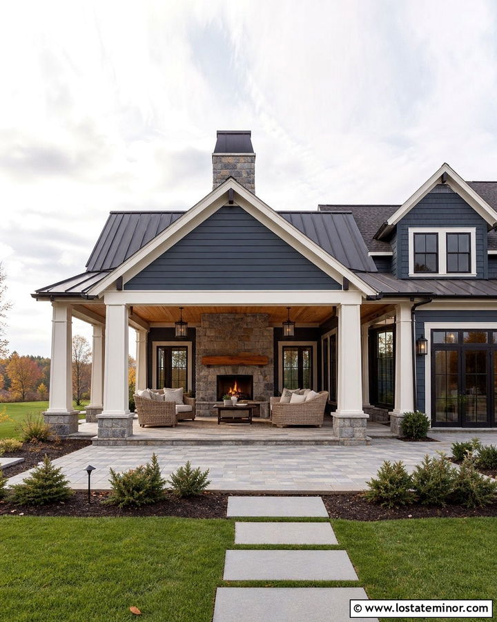 Slate Blue House With Covered Outdoor Fireplace - 30 Slate Blue House Design With Backyard Ideas