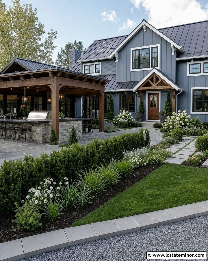 Slate Blue House With Covered Outdoor Kitchen Pergola - 30 Slate Blue House Design With Pergola Ideas