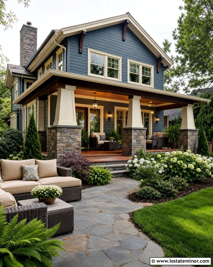Slate Blue House With Craftsman Stone Porch - 30 Slate Blue House Design With Backyard Ideas
