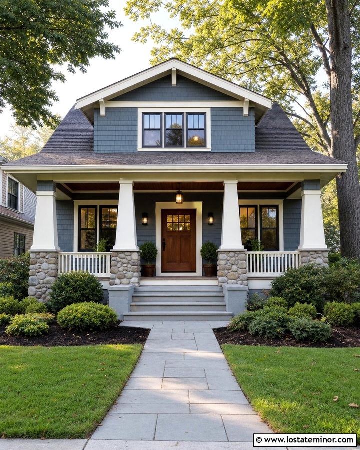 Slate Blue House With Craftsman Wood Door - 30 Slate Blue House Design With Entry Door Ideas
