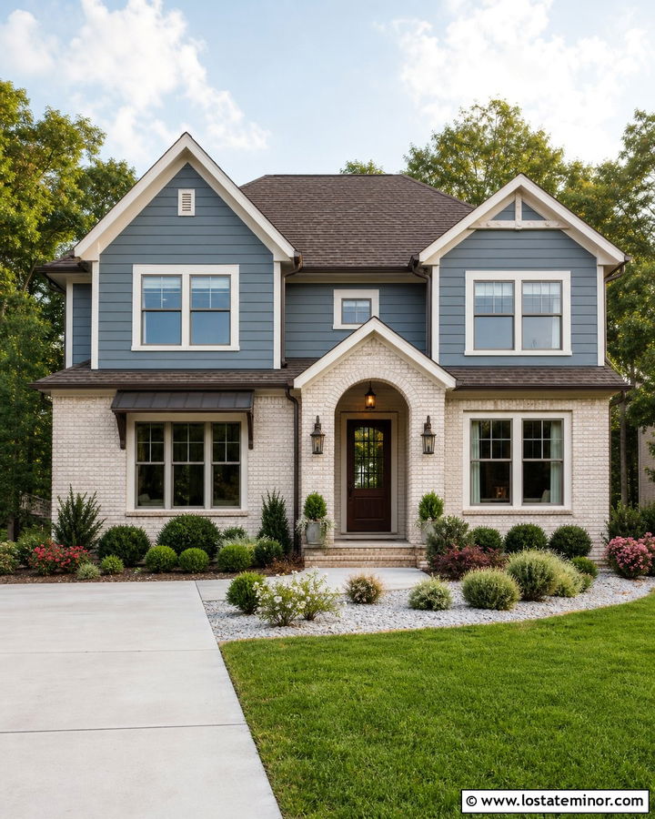 Slate Blue House With Cream Brick - 30 Slate Blue House Design With Brick Accents Ideas