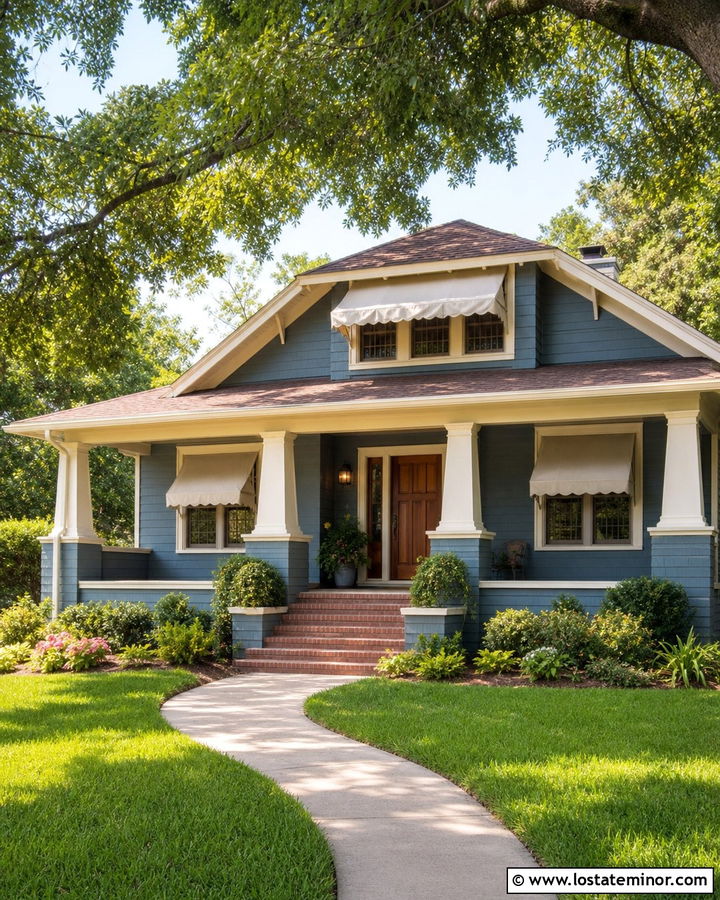 Slate Blue House With Cream Canvas Awnings - 30 Slate Blue House Design With Awning Ideas