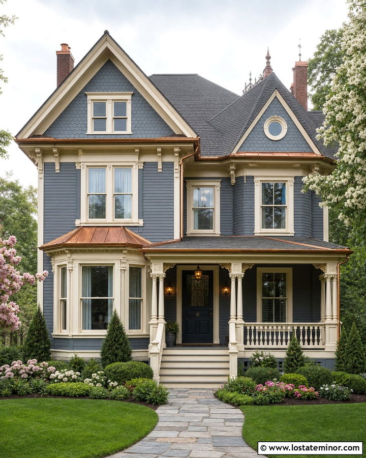 Slate Blue House With Cream Trim And Copper Accents - 30 Slate Blue House Design With Trim Ideas