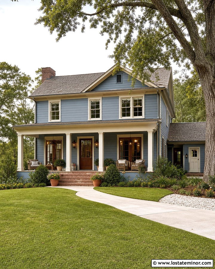 Slate Blue House With Cream Trim And Copper Lanterns - 30 Slate Blue House Design With Lighting Ideas