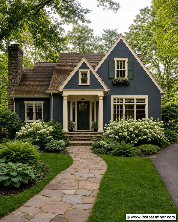 Slate Blue House With Cream Trim And Green Door - 30 Slate Blue House Design With Trim Ideas