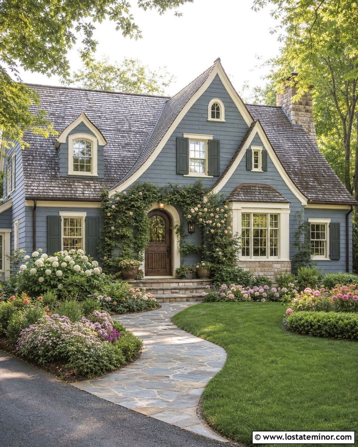 Slate Blue House With Cream Trim And Green Shutters - 30 Slate Blue House Design With Shutters Ideas