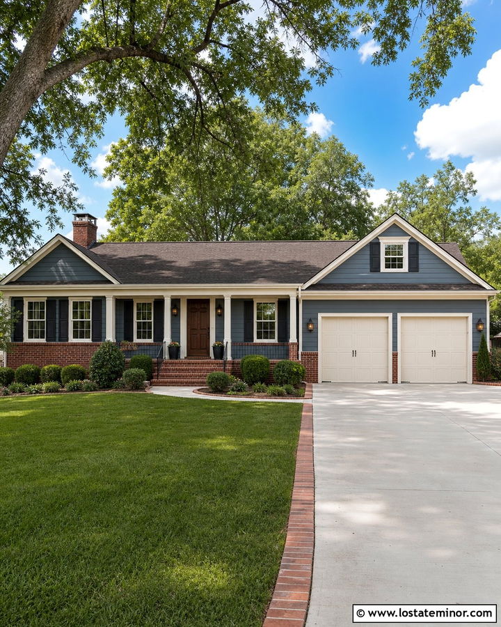 Slate Blue House With Cream Trim And Red Brick - 30 Slate Blue House Design With Accents Ideas