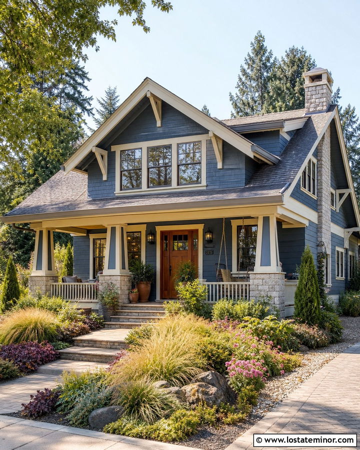 Slate Blue House With Cream Trim And Warm Landscaping - 30 Slate Blue House Design With Landscaping Ideas