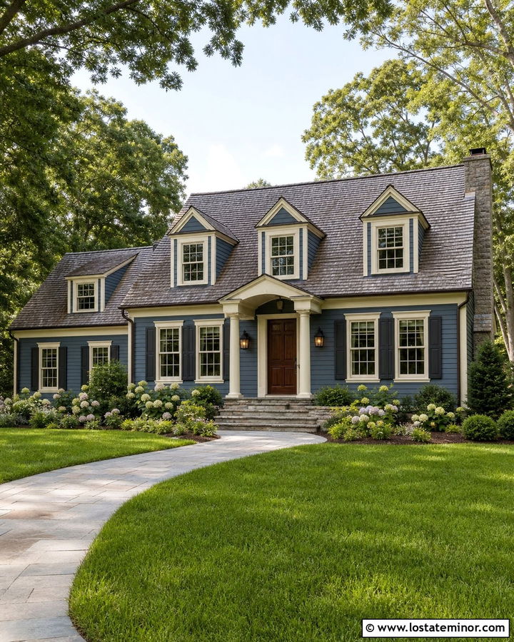 Slate Blue House With Cream Trim And Weathered Wood Shingles - 30 Slate Blue House Design With Shingles Ideas