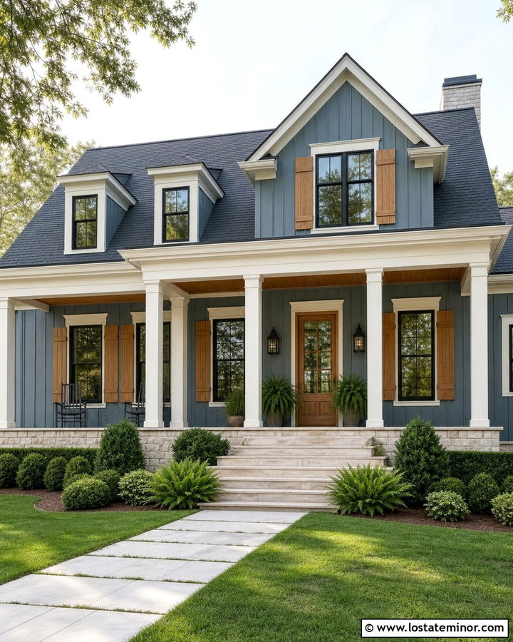 Slate Blue House With Dark Frames And Wood Shutters - 30 Slate Blue House Design With Window Frames Ideas