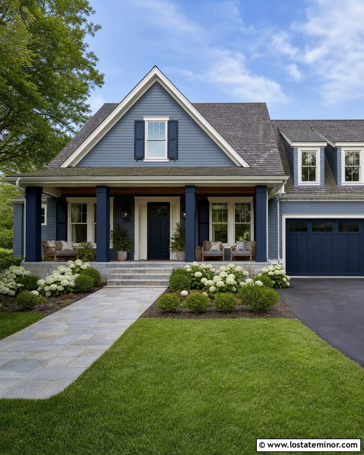 Slate Blue House With Dark Navy Columns - 30 Slate Blue House Design With Porch Columns Ideas