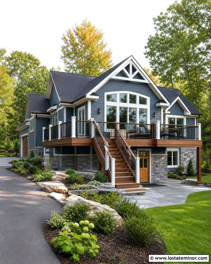 Slate Blue House With Deck And Stone Patio - 30 Slate Blue House Design With Deck Ideas