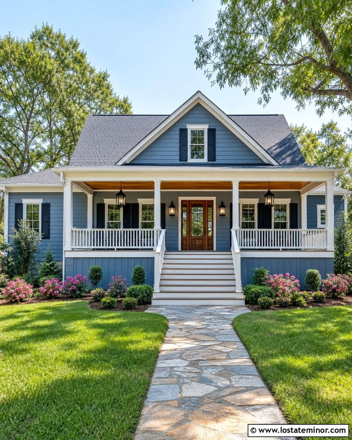 Slate Blue House With Double Porch Pendants - 30 Slate Blue House Design With Light Fixtures Ideas