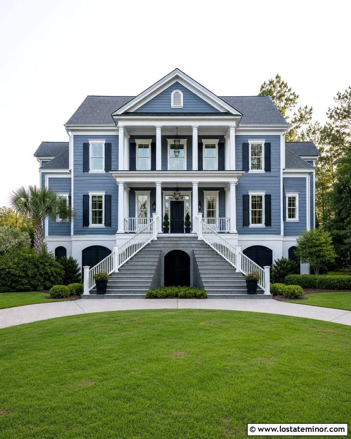 Slate Blue House With Double Staircase - 30 Slate Blue House Design With Steps Ideas