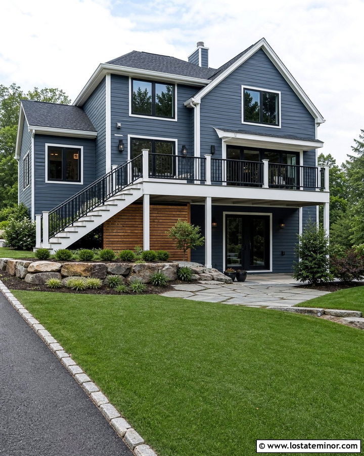 Slate Blue House With Elevated Deck - 30 Slate Blue House Design With Deck Ideas