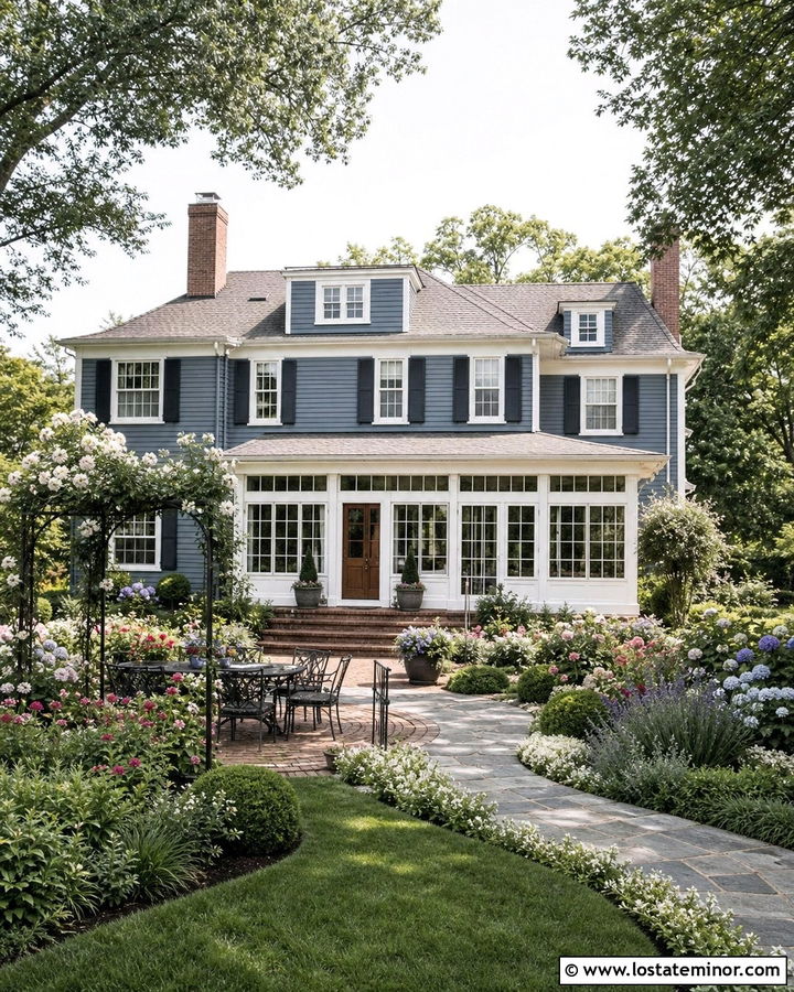 Slate Blue House With English Garden Backyard - 30 Slate Blue House Design With Backyard Ideas