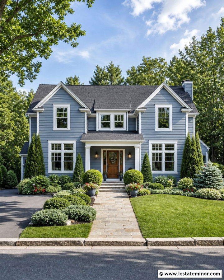 Slate Blue House With Evergreen Landscaping - 30 Slate Blue House Design With Landscaping Ideas