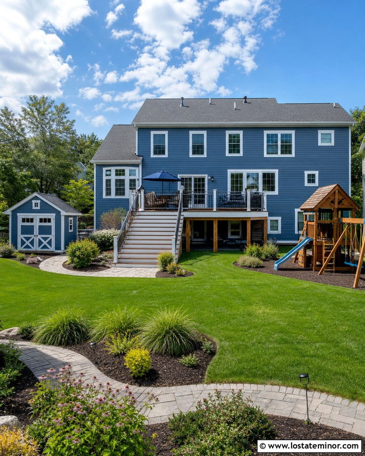 Slate Blue House With Family Play Backyard - 30 Slate Blue House Design With Backyard Ideas