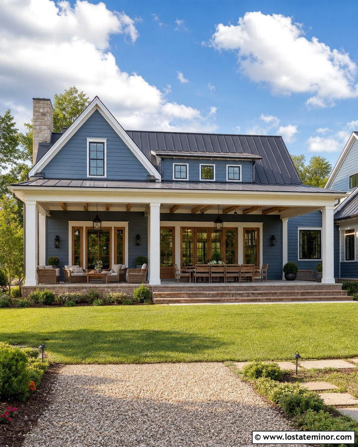 Slate Blue House With Farmhouse Back Porch - 30 Slate Blue House Design With Backyard Ideas
