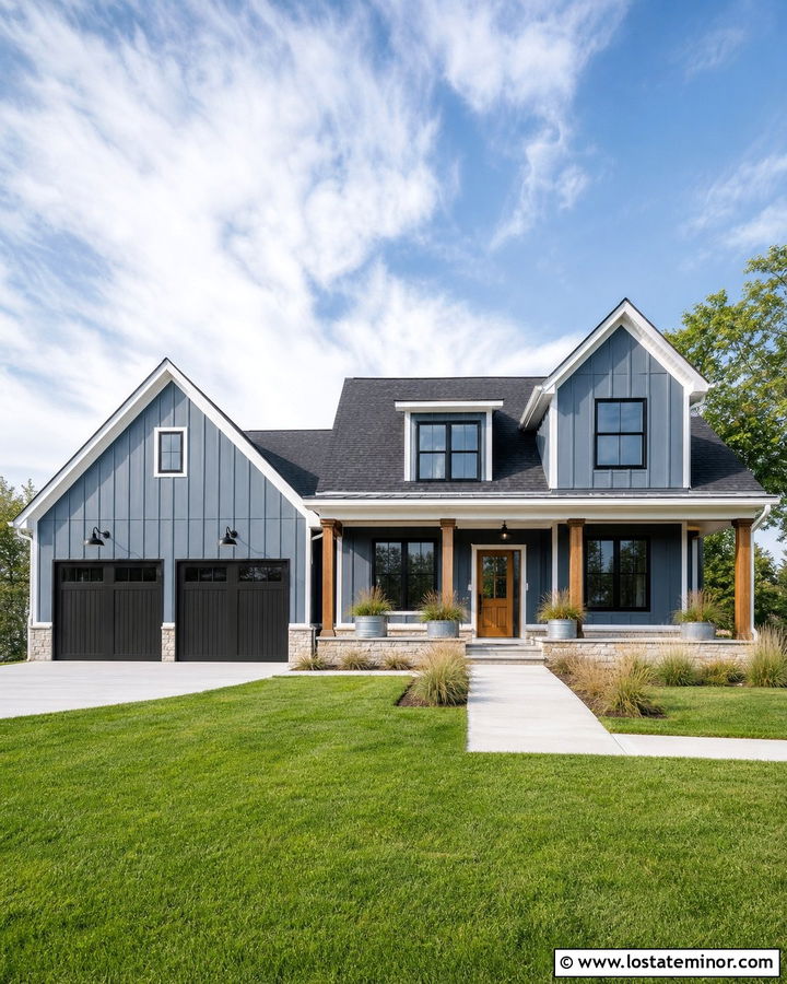 Slate Blue House With Farmhouse Cage Lights - 30 Slate Blue House Design With Light Fixtures Ideas