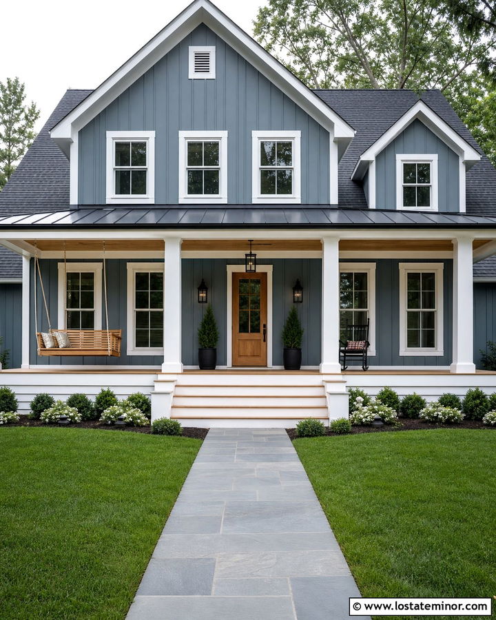 Slate Blue House With Farmhouse Porch Swing - 30 Slate Blue House Design With Front Porch Ideas